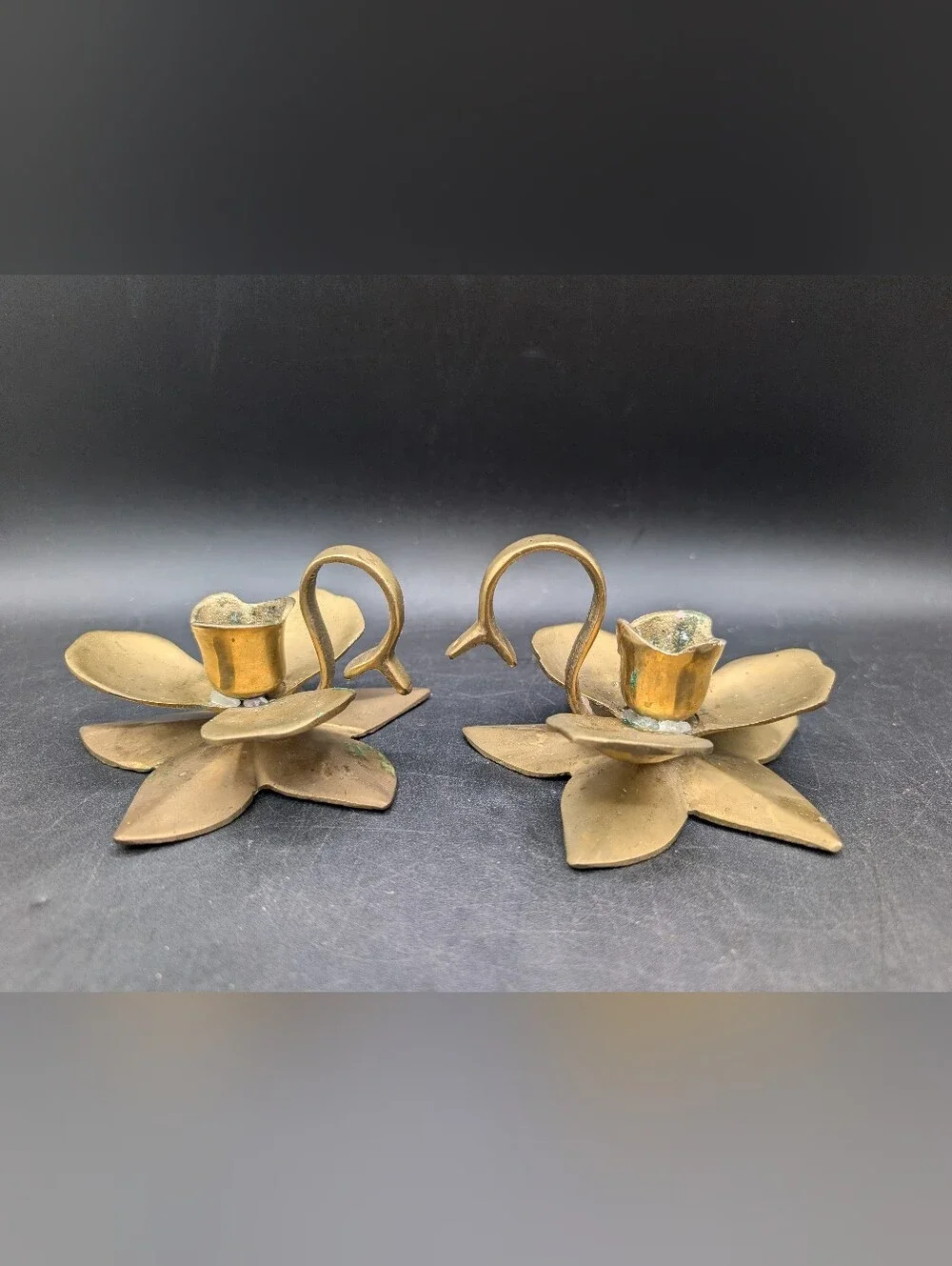 Pair Vintage Brass Orchid Flower Candlestick Holders